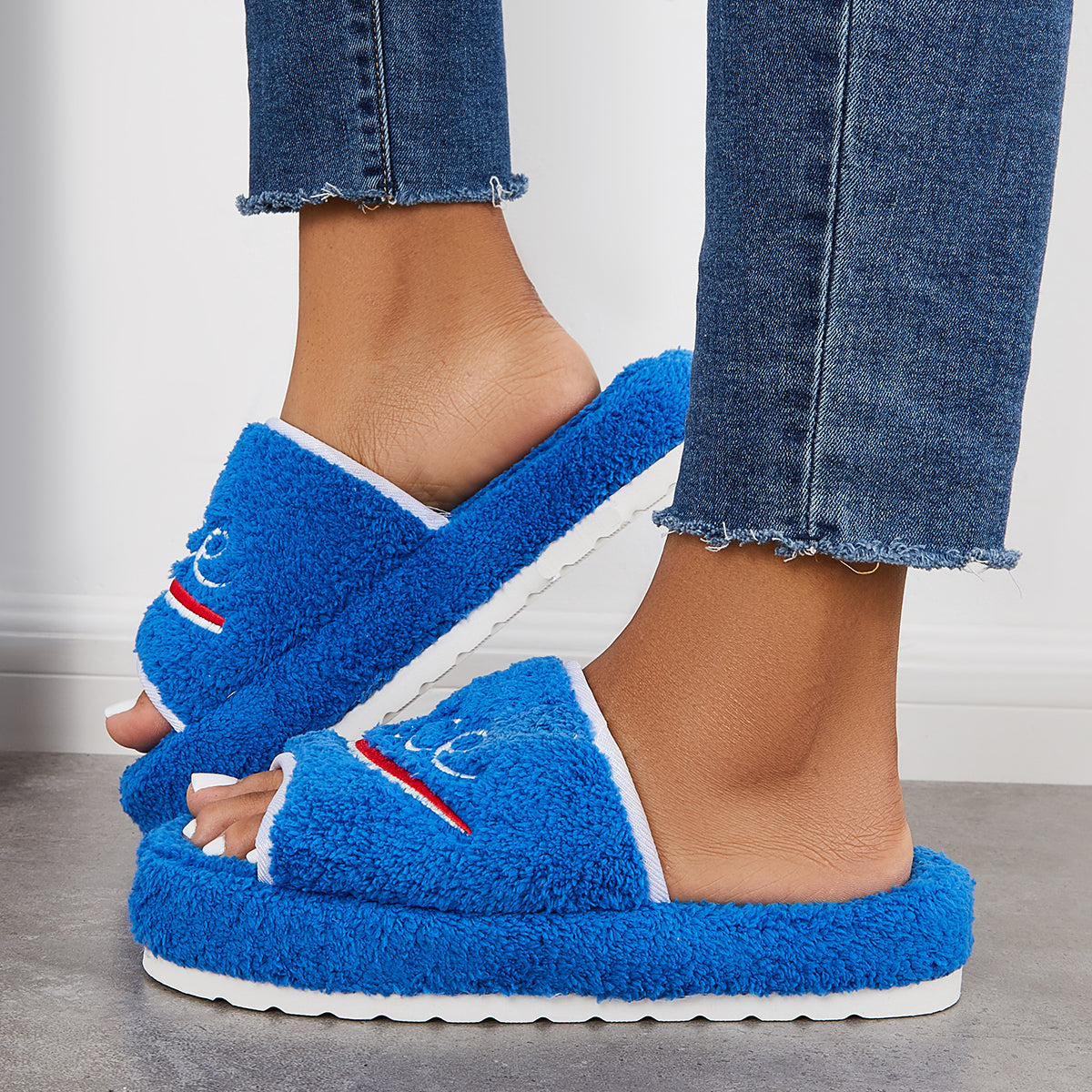 Warm Open Toe Flat Furry Slippers Cozy Slide Shoes