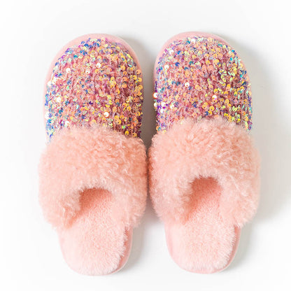 Shiny Warm Faux Fur Mule Slipper Furry Soft Slip on Shoes