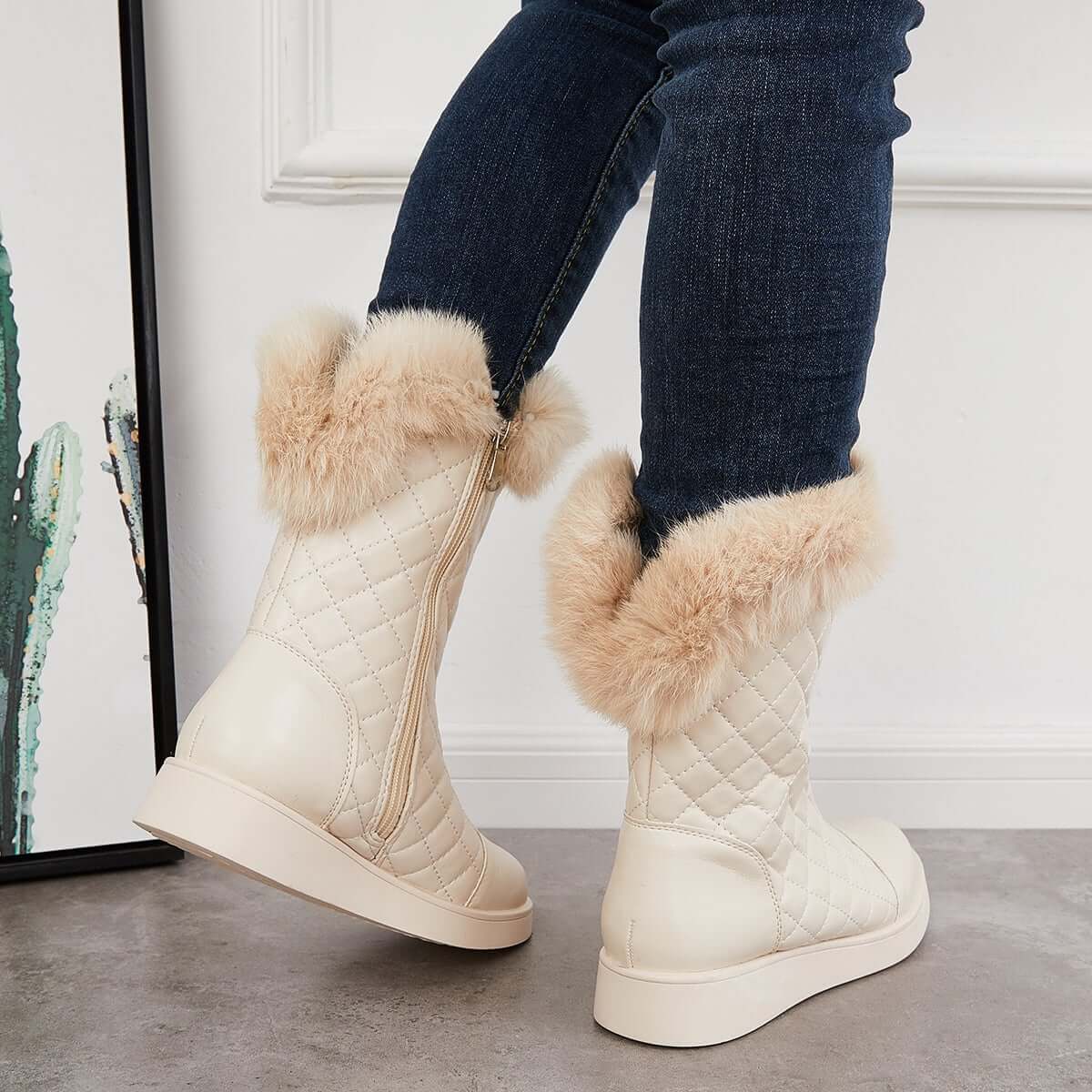 Warm Faux Fur Mid Calf Snow Boots Side Zipper Winer Boots