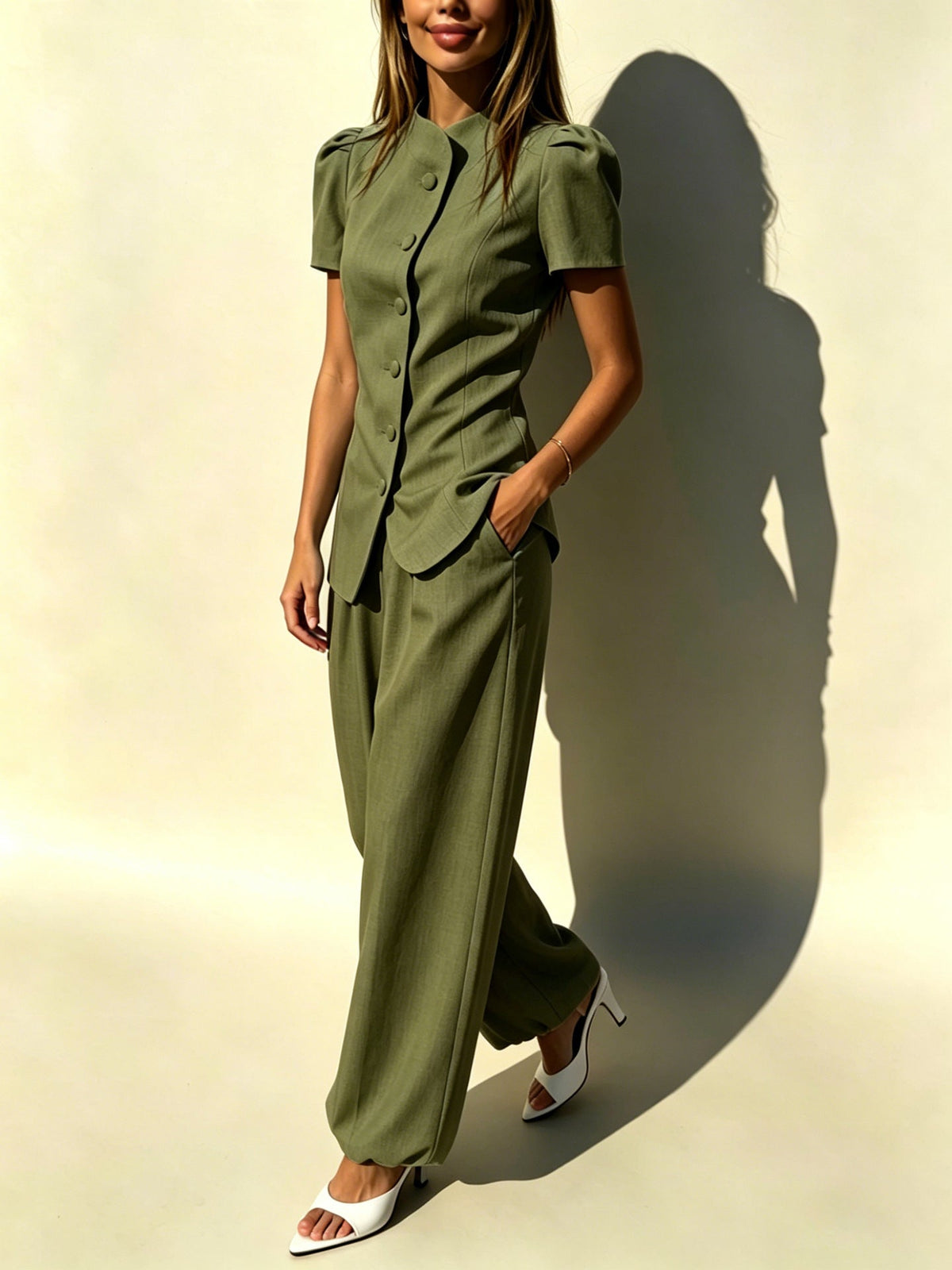 Women's Casual Lightweight Jacket and High-Waisted Trousers Set