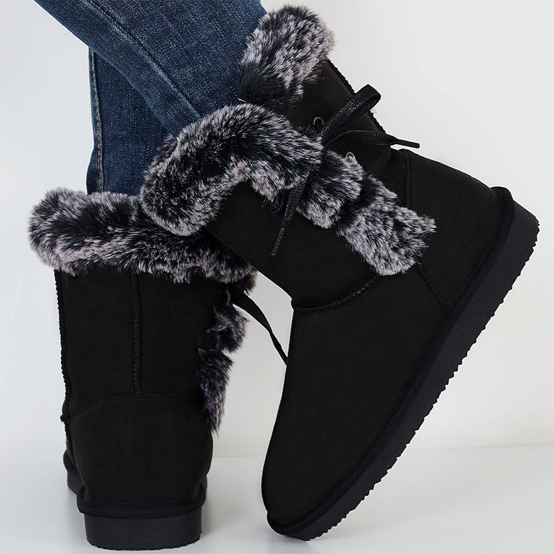Non Slip Snow Short Booties Side Lace Up Faux Fur Ankle Boots