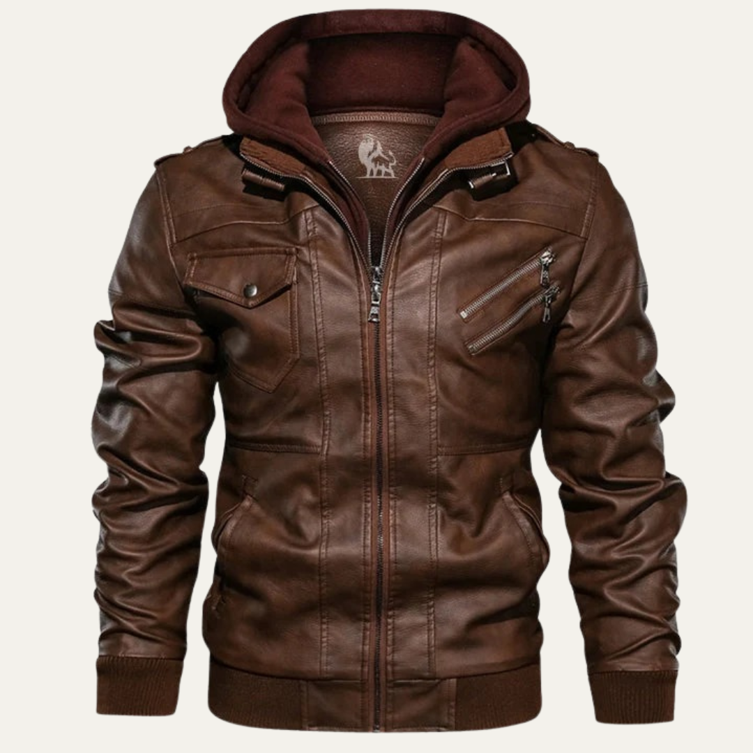 Men's Synthetic Biker Jacket with Detachable Hood