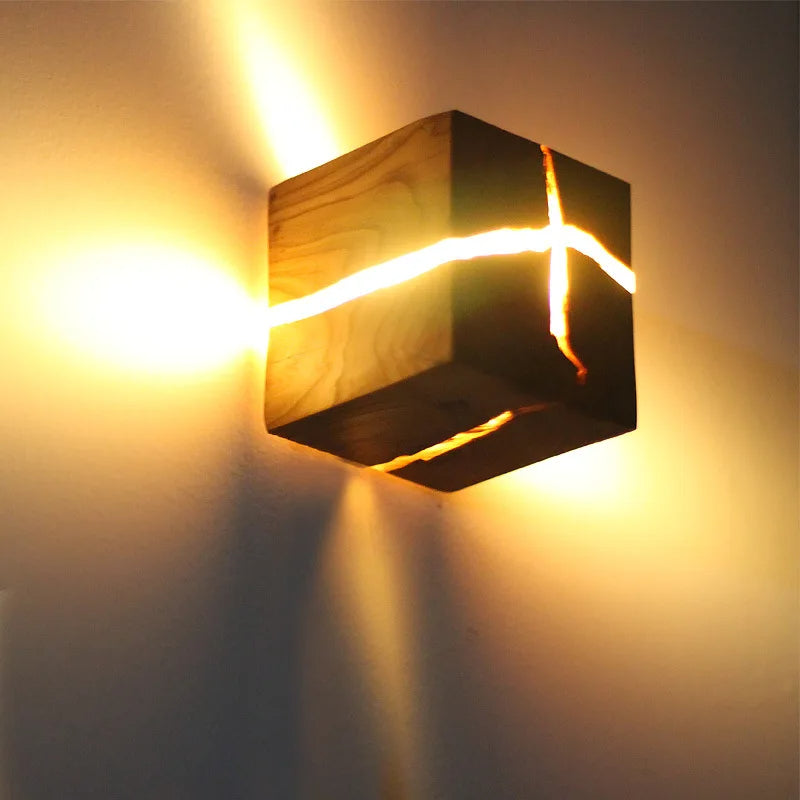 Natural Wooden Square Wall Lamp