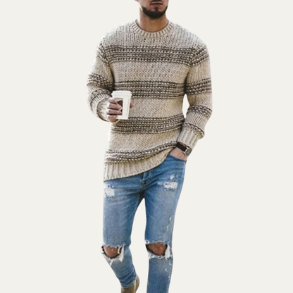 Men's Thick Striped Knit Crew Neck Jumper