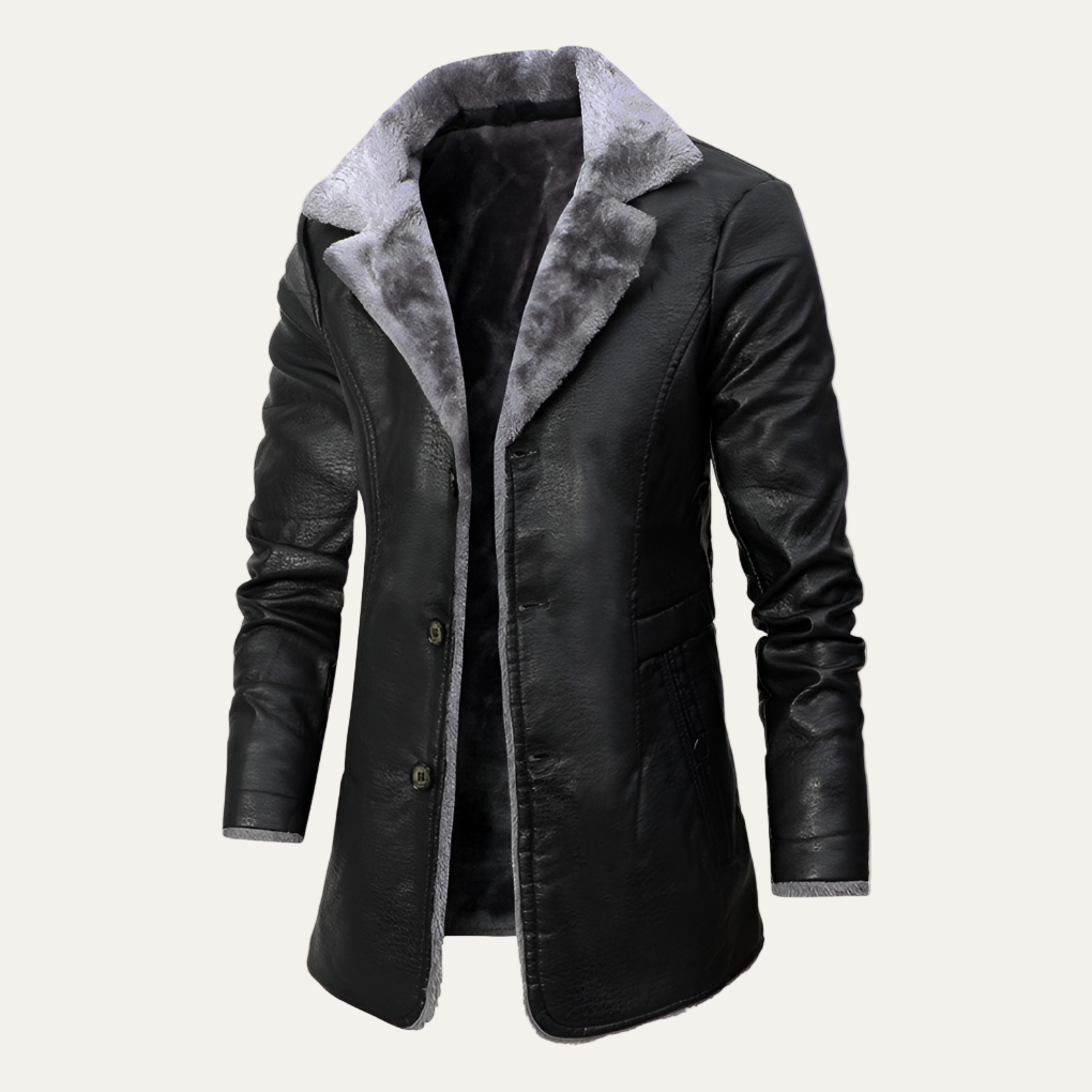Men's Synthetic Leather Trench Coat with Fuzzy Collar - OutfitLondon