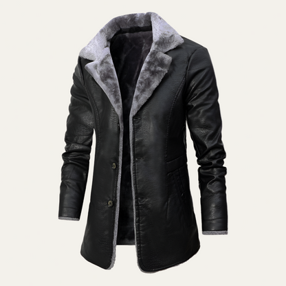 Men's Synthetic Leather Trench Coat with Fuzzy Collar - OutfitLondon