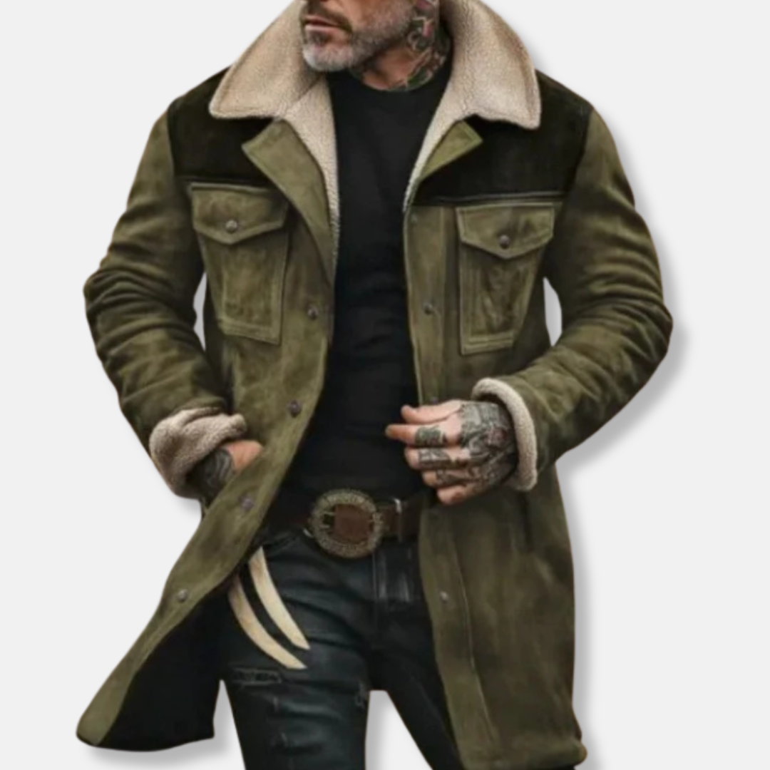 Relaxed Fit Suede Trench Coat with Faux Fur Collar
