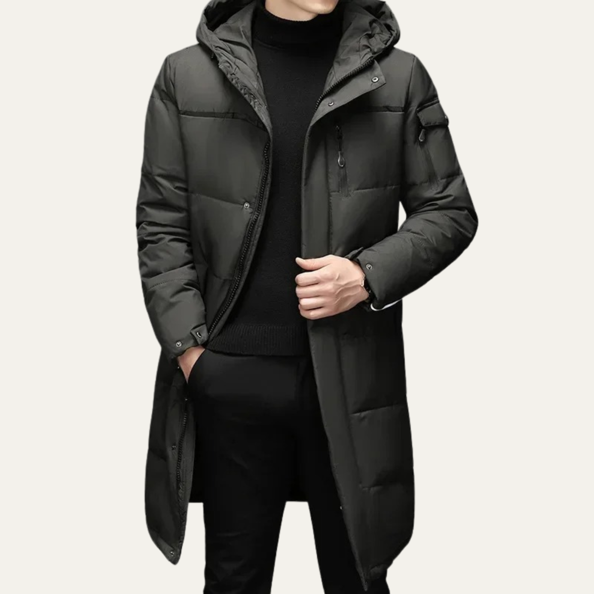 Warm Men's Black Parka Puffer Jacket with Hood