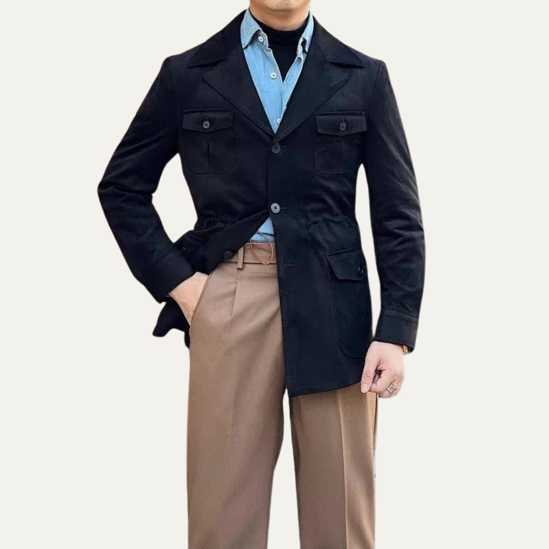 Men's Leather Field Coat with Multiple Pockets