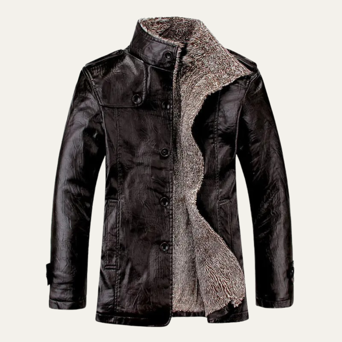 Men's Thermal Fleece Lined Leather Coat with High Collar
