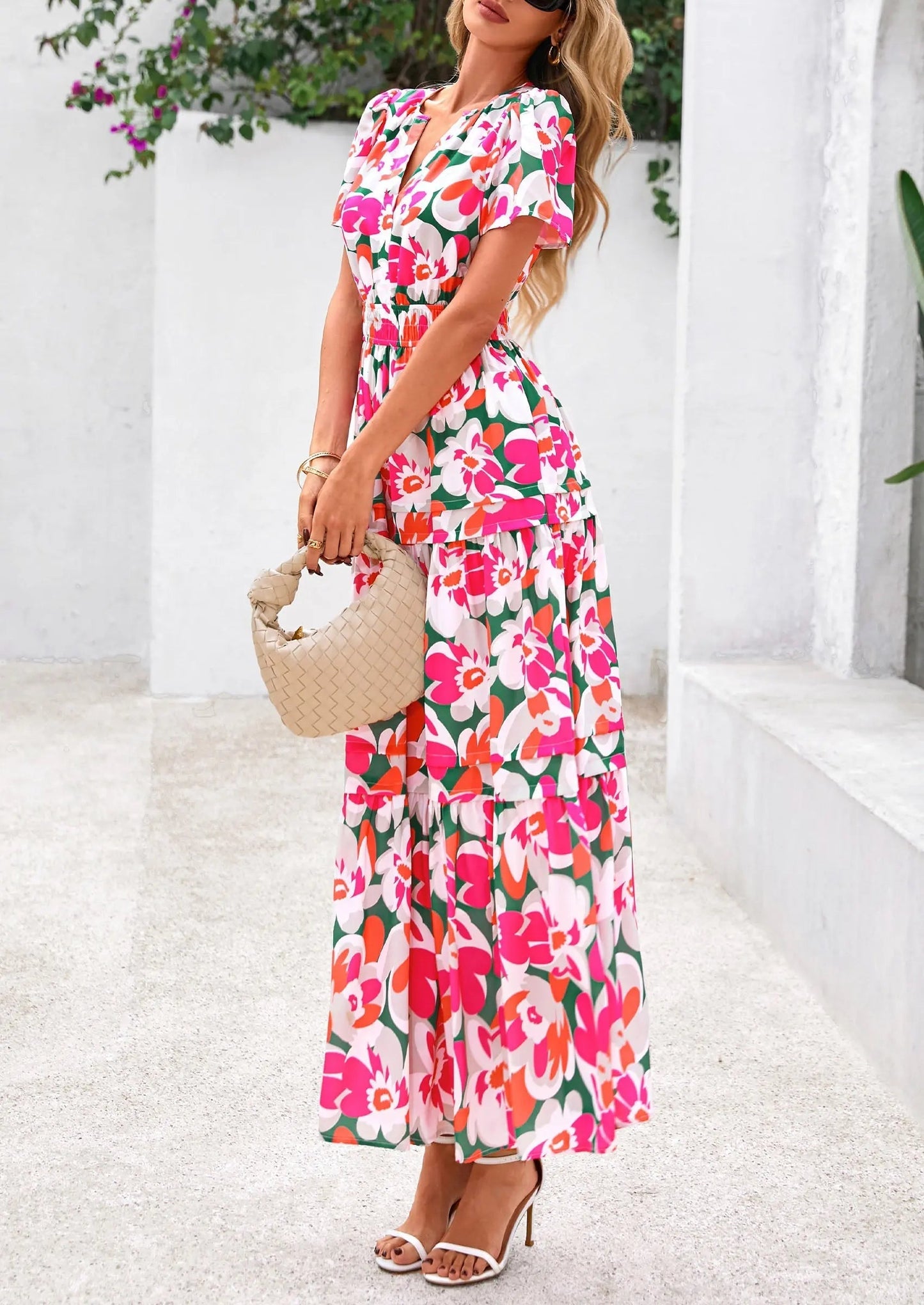 Casual Floral V Neck Flowy Beach Maxi Dress