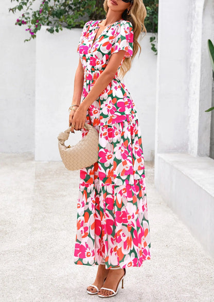 Casual Floral V Neck Flowy Beach Maxi Dress
