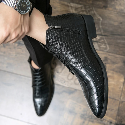 Men's Black Leather Alligator Print Ankle Boots