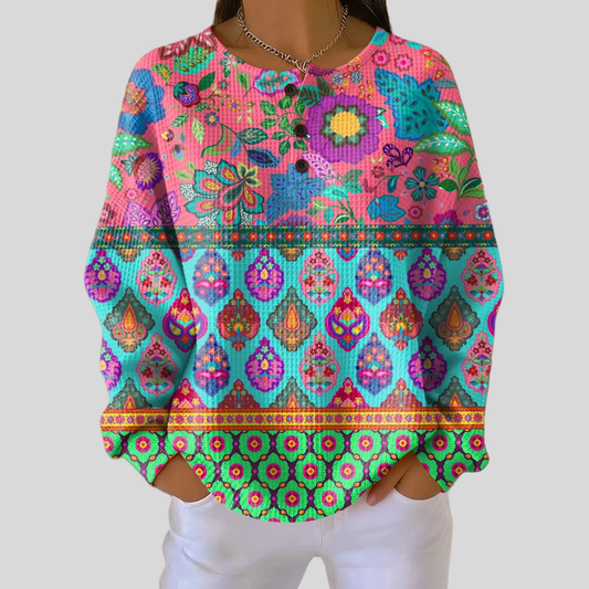 Vibrant Floral Pattern Crew Neck Sweater - OutfitLondon