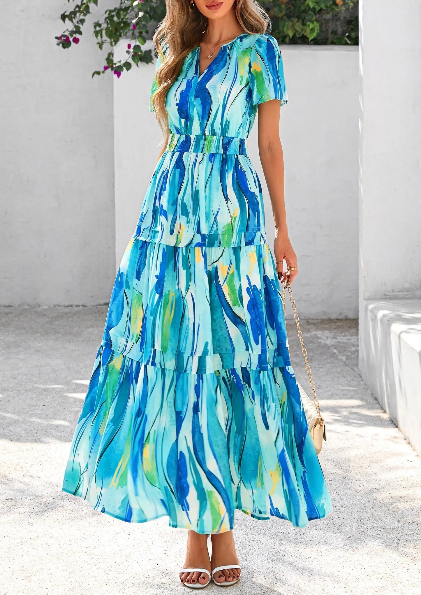 Casual Floral V Neck Flowy Beach Maxi Dress
