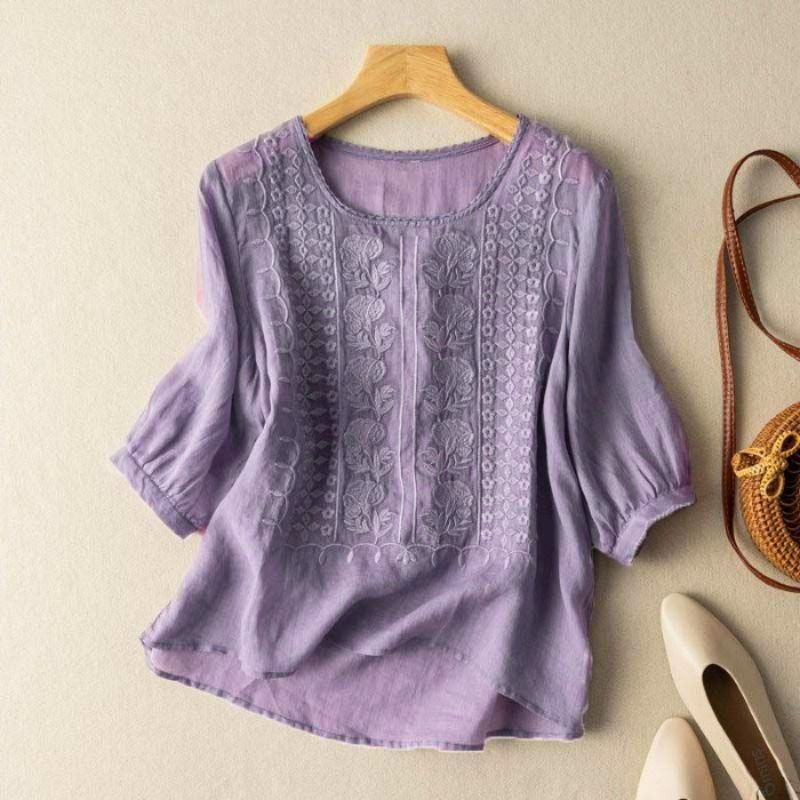 Casual Loose Fit Embroidered Blouse with Puff Sleeves