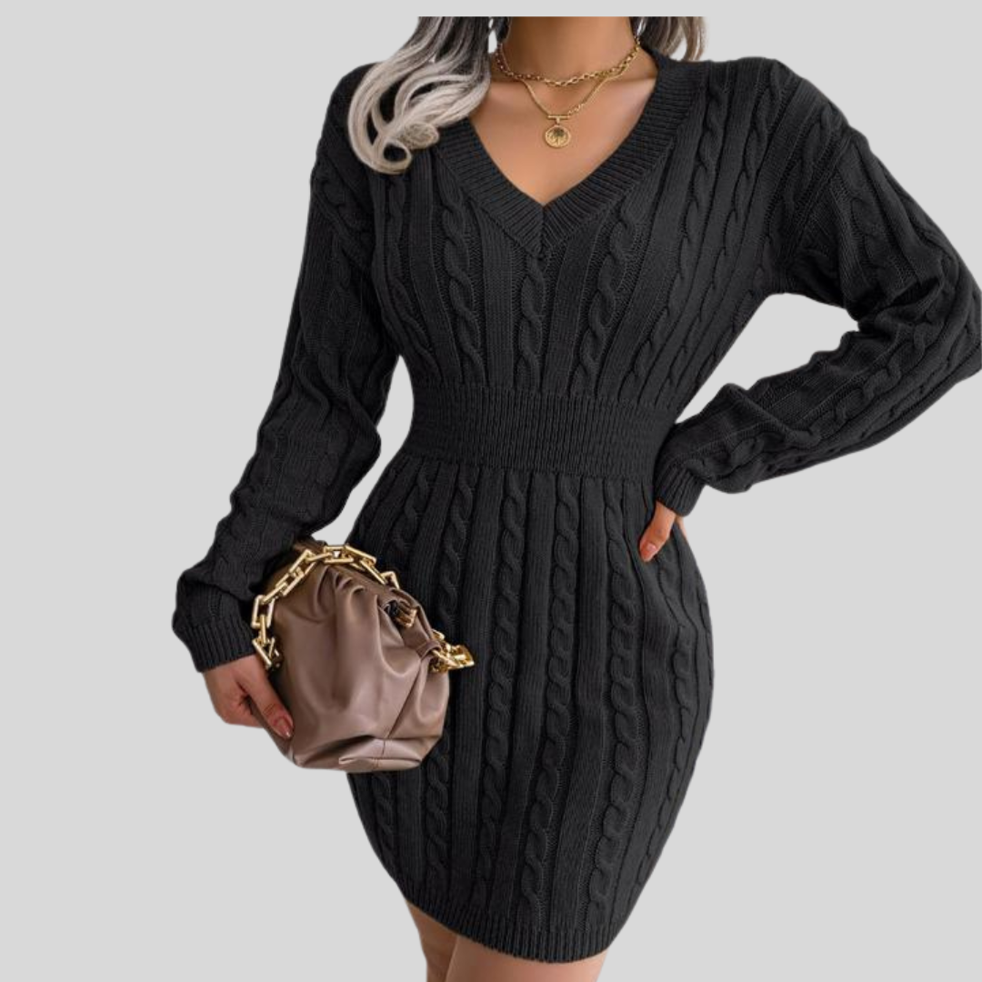 Soft Cable Knit V-Neck Sweater Dress for Women