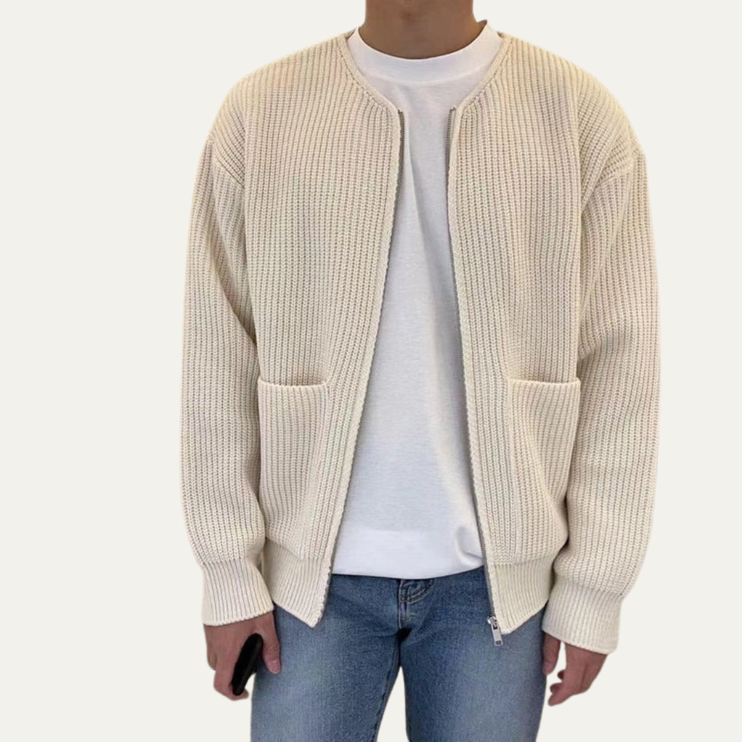 Thick Textured Crew Neck Cardigan Sweater
