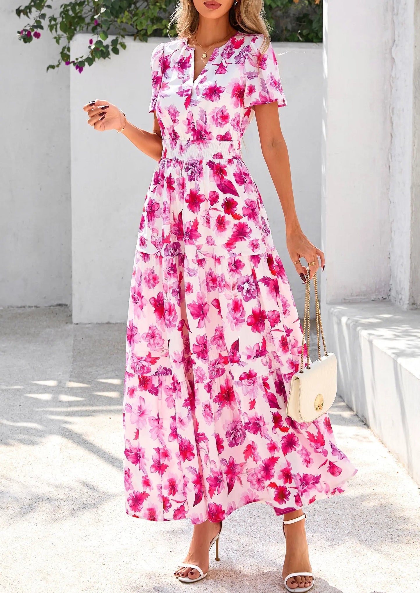 Casual Floral V Neck Flowy Beach Maxi Dress