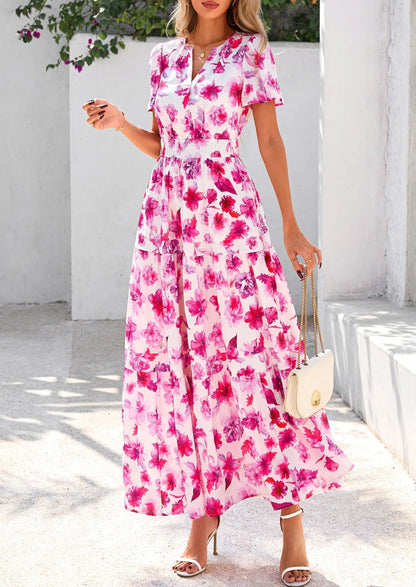 Casual Floral V Neck Flowy Beach Maxi Dress