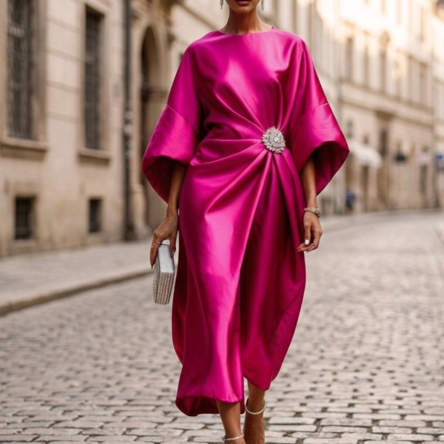 Luxury Satin Midi Dress with Cape Sleeves
