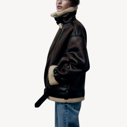 Ladies Synthetic Sheepskin Pilot Jacket Brown