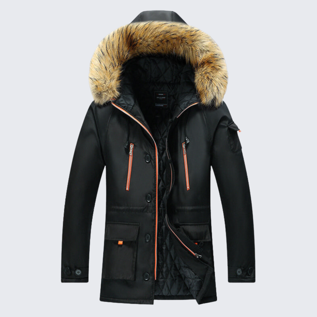 Warm Insulated Men's Snow Parka Coat with Faux Fur Hood