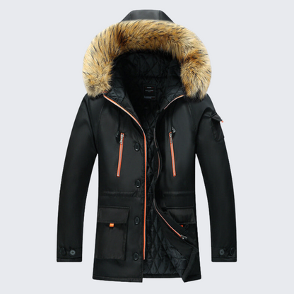 Warm Insulated Men's Snow Parka Coat with Faux Fur Hood