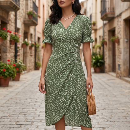 Elegant V-Neck Floral Midi Dress for Women