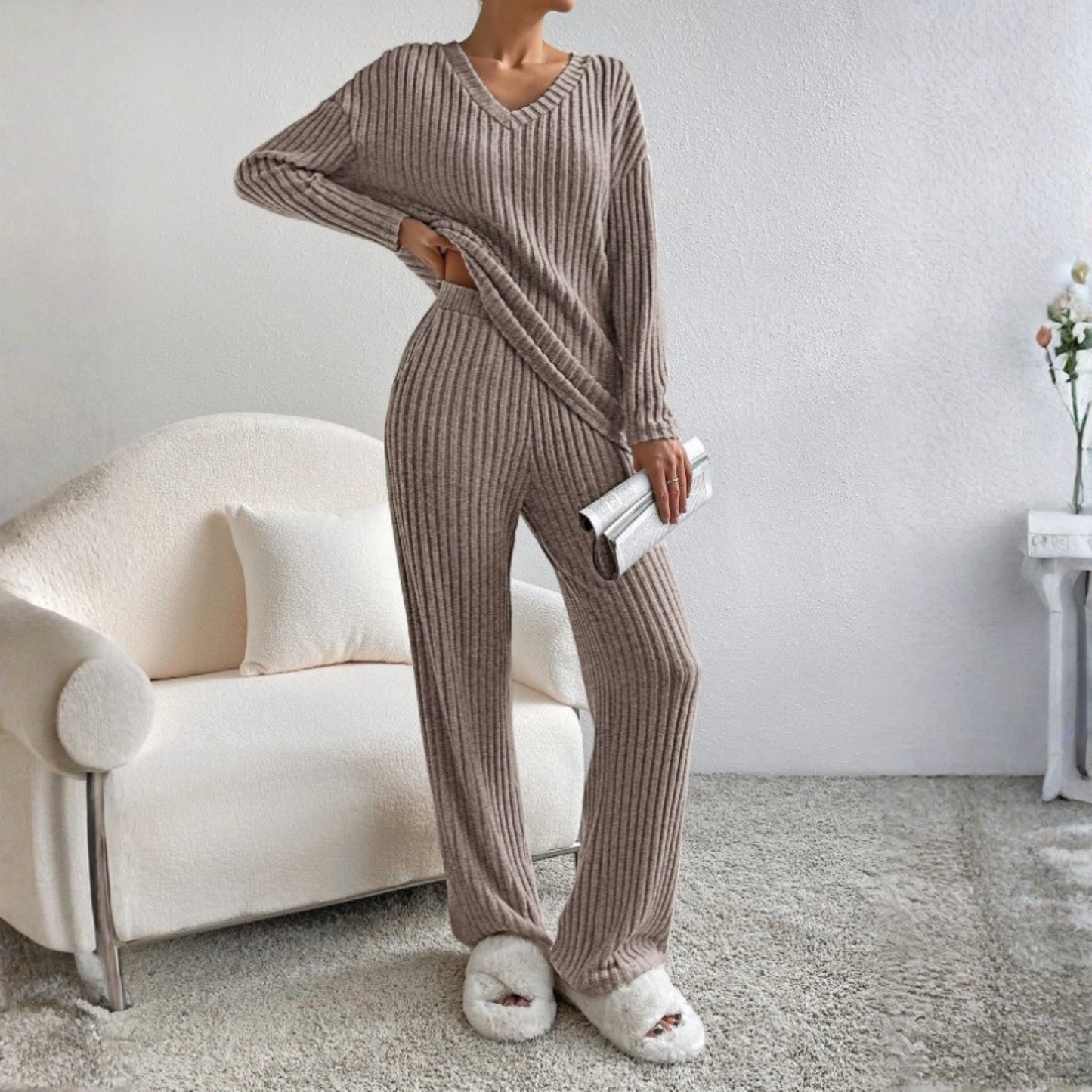 Relaxed Fit Long Sleeve V Neck Loungewear Set