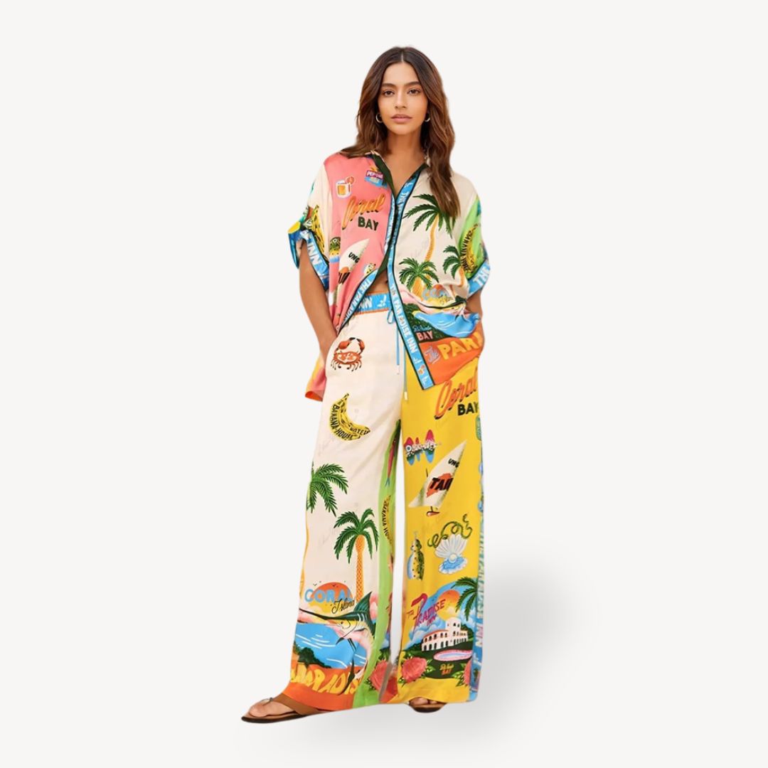 Summer Floral Satin Pants Set - OutfitLondon