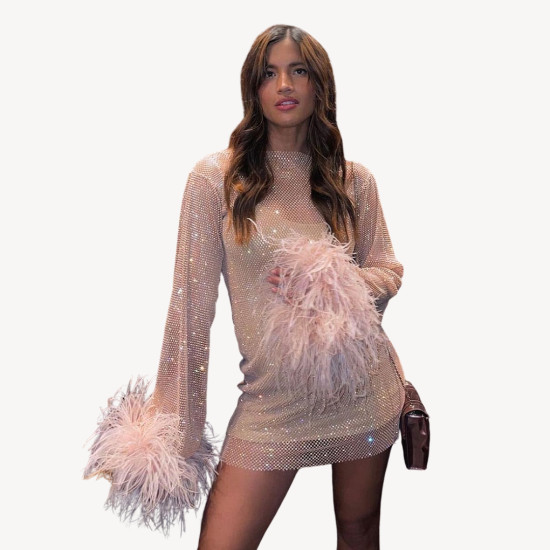 Glittery Feather Trim Party Dress