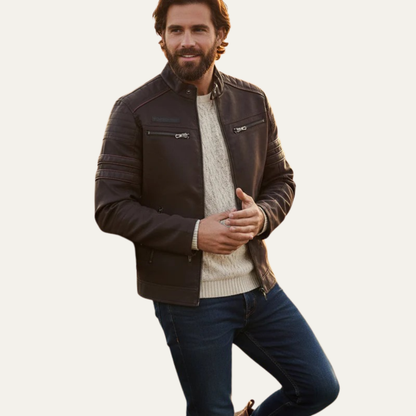 Men's Synthetic Leather Biker Jacket with Padded Details
