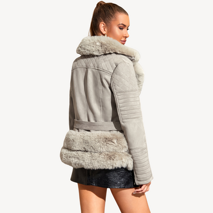 Warm Synthetic Leather Biker Jacket For Women Brown