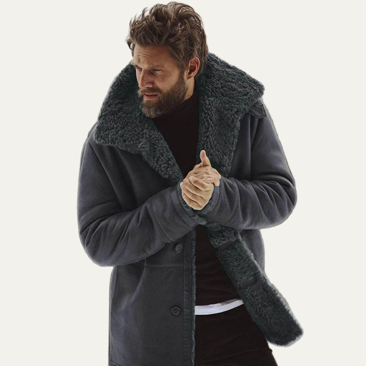 Men's Faux Suede Overcoat with Warm Shearling Inside