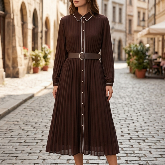 Flared Long Sleeve Waist Belt Dress for Women - OutfitLondon