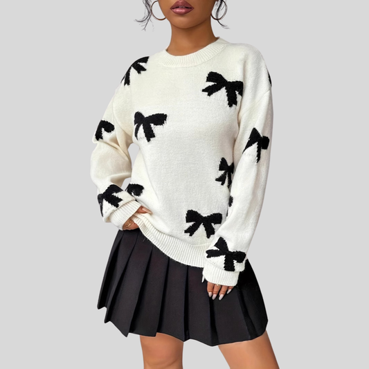 Cozy Bow Pattern Crew Neck Sweater - OutfitLondon