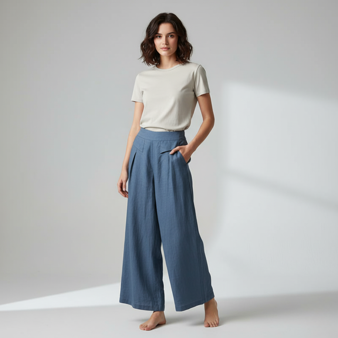 Relaxed Fit Beige Cotton Casual High Waist Trousers