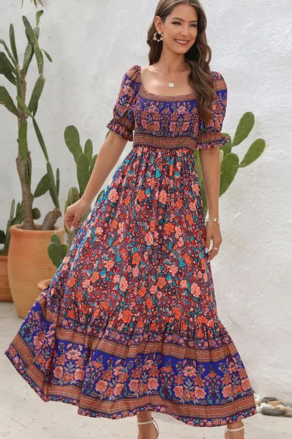 Tropical Floral Ruffled Short Sleeve Maxi Dress