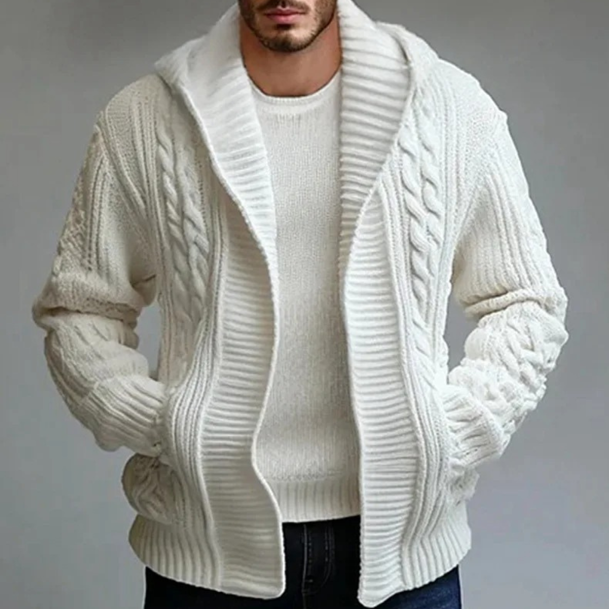 Warm Mens Cable Knit Hooded Winter Sweater