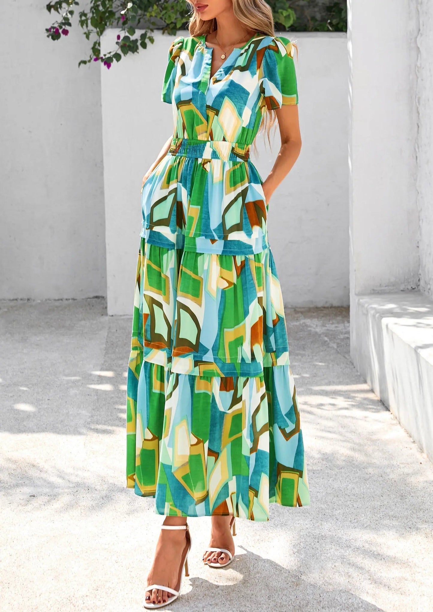 Casual Floral V Neck Flowy Beach Maxi Dress