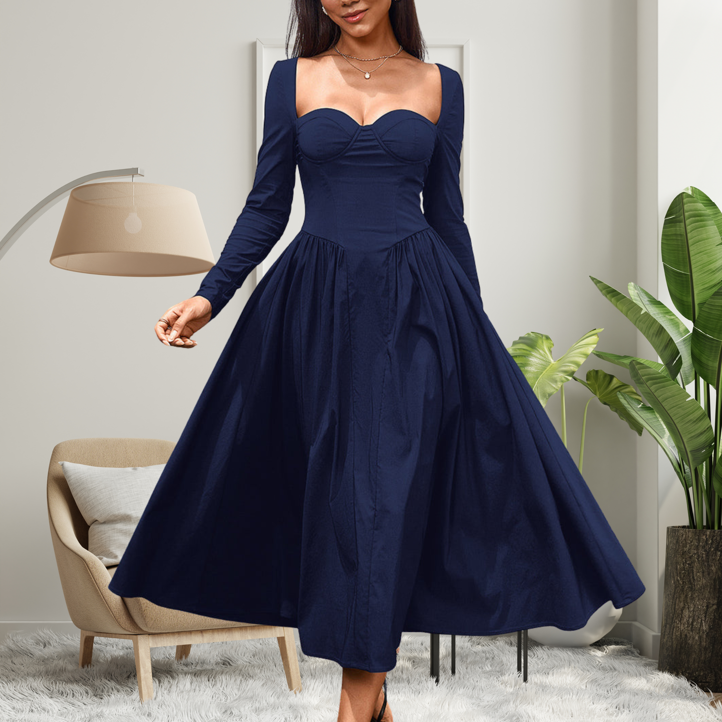 Chic V Neck Long Sleeve Maxi Dress