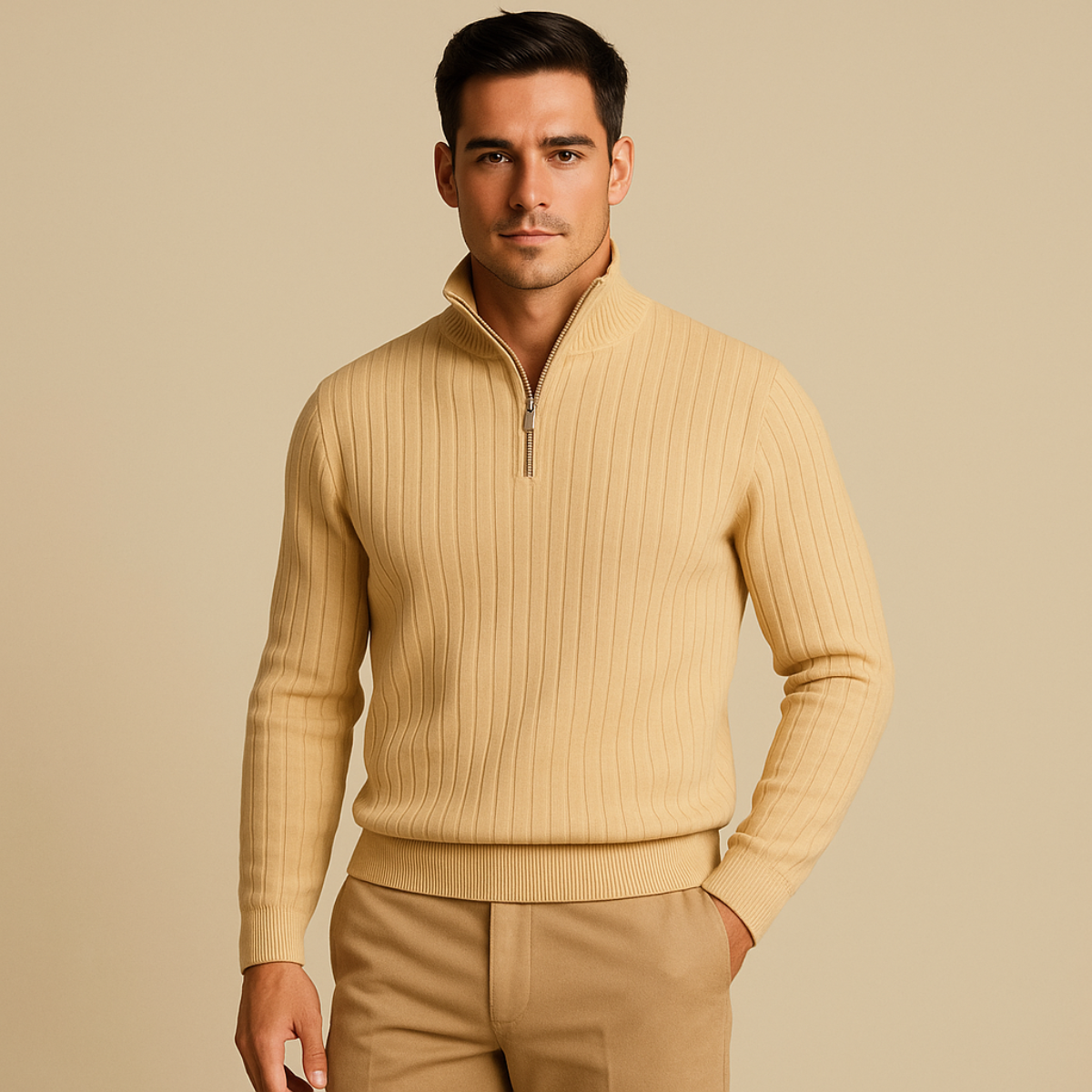 Textured Crew Neck Half Zip Sweater for Men