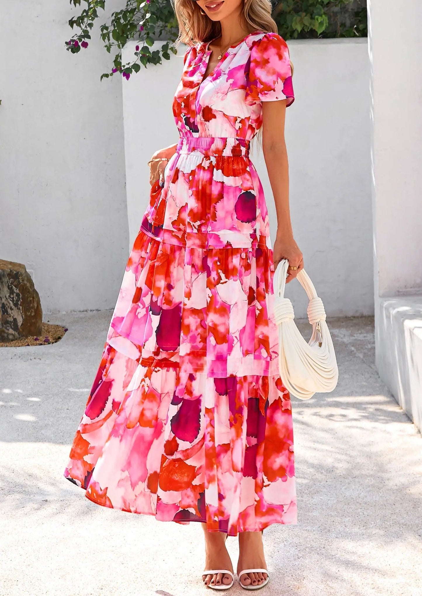 Casual Floral V Neck Flowy Beach Maxi Dress