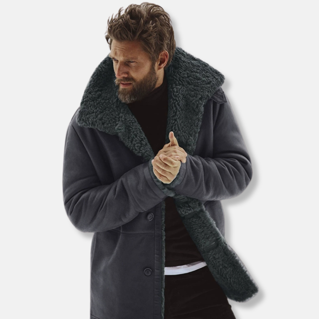 Casual Mens Coat with Shearling Collar and Buttons