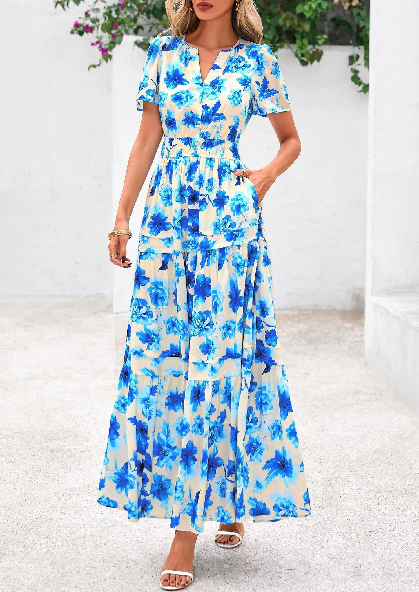 Casual Floral V Neck Flowy Beach Maxi Dress