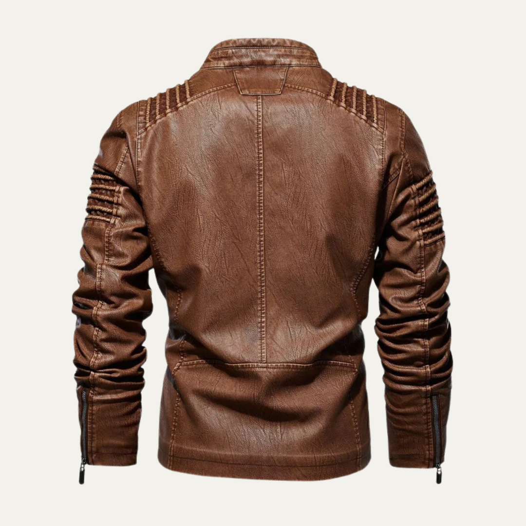 Men's Padded Leather Biker Jacket with Zip Collar