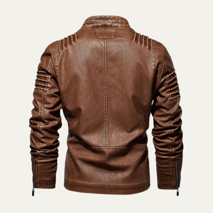Men's Padded Leather Biker Jacket with Zip Collar