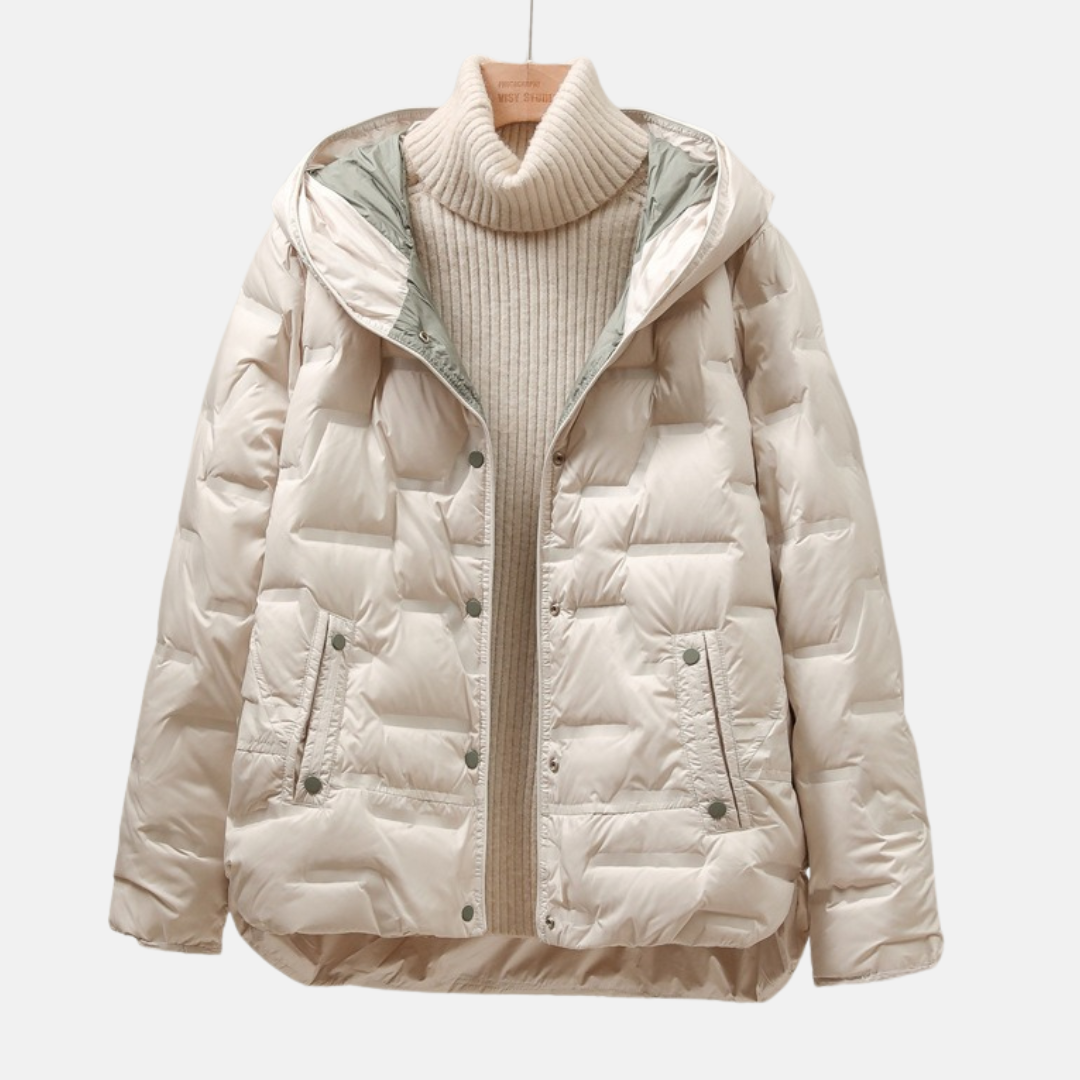 Women's Puffy Hooded Jacket with Snap Front