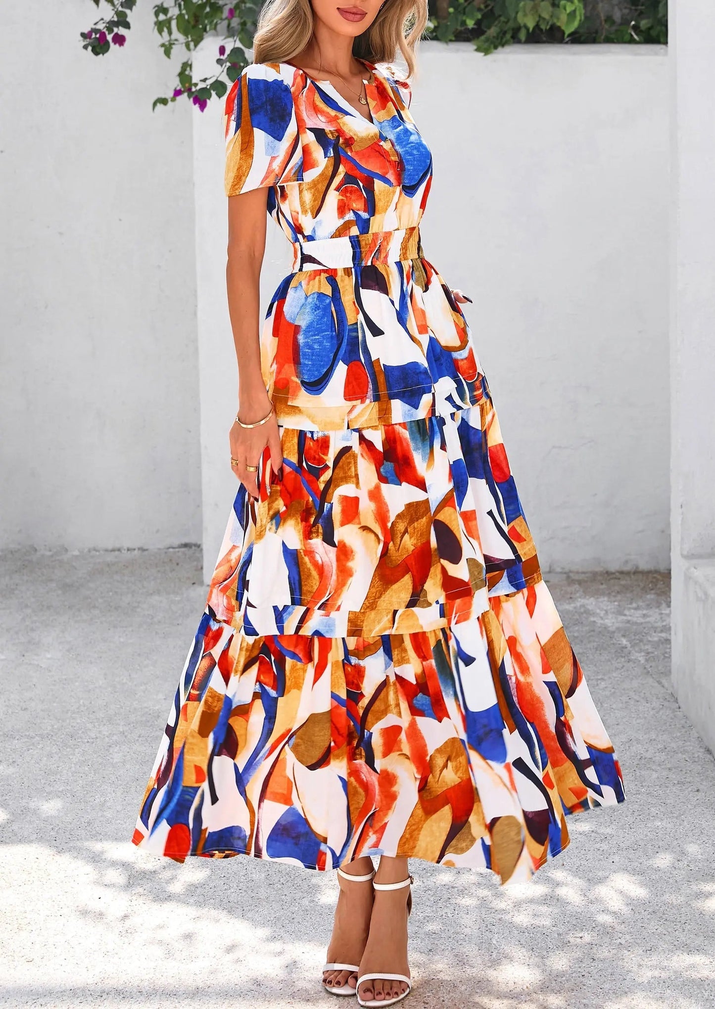 Casual Floral V Neck Flowy Beach Maxi Dress